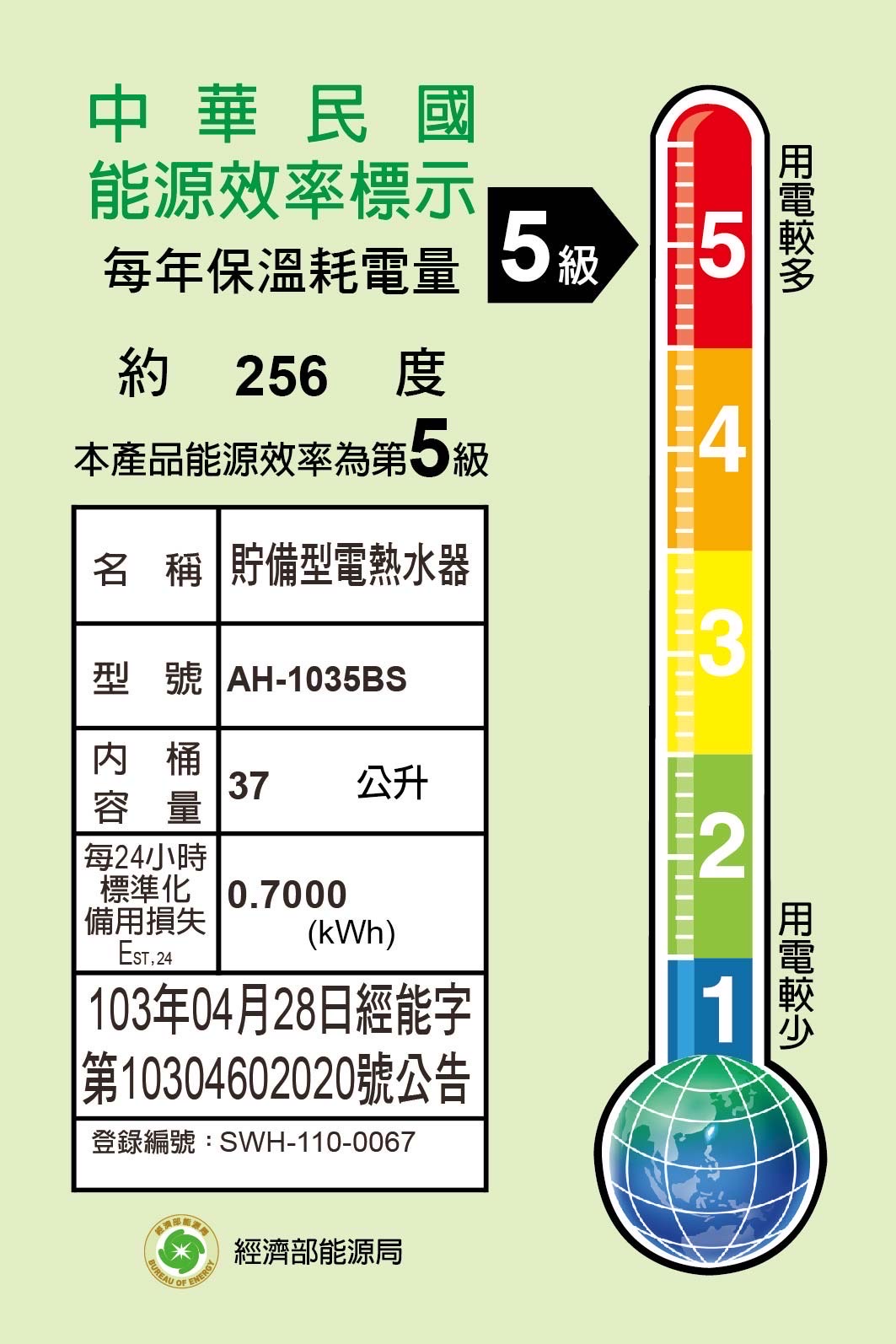 倍容速熱 電能熱水器    AH-1035BS（定時/分離）